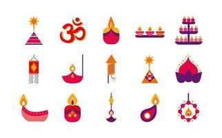 fascio di quindici diwali set di icone di stile piatto vettore