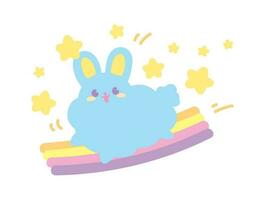 carino kawaii contento coniglio in esecuzione su dolce pastello arcobaleno con stelle illustrazione vettore