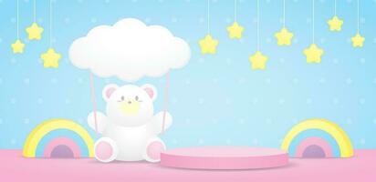 carino kawaii bianca orso è Tenere nube cartello con rosa Schermo podio e colorato arcobaleno e sospeso stelle 3d illustrazione vettore per mettendo oggetto