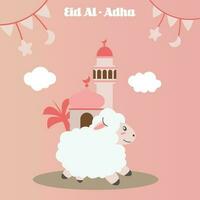 santo eid al adha mubarak carino bandiera cartone animato scarabocchio. islamico e Arabo saluto aviatore per musulmano Comunità Festival grafico Stampa vettore