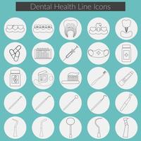 set di icone della linea di cure odontoiatriche con filo interdentale, denti, bocca, dentifricio e spazzolino, medicina, siringa e strumenti del dentista. vettore