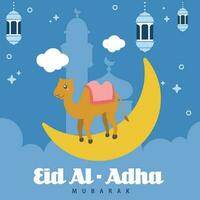 santo eid al adha mubarak carino bandiera cartone animato scarabocchio. islamico e Arabo saluto aviatore per musulmano Comunità Festival grafico Stampa vettore