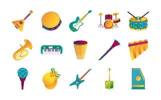 fascio di quindici strumenti musicali impostati icone vettore