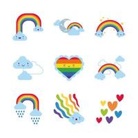 pacchetto di nove arcobaleni e icone di personaggi kawaii vettore