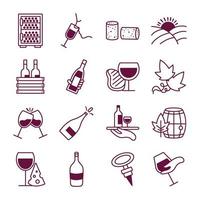 pacchetto di sedici icone del set di vini vettore