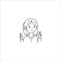 carino ragazza sorridente mostrando Due dita gesto logo bandiera mano disegnato scarabocchio arte illustrazione vettore