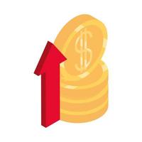 isometrica denaro contanti valuta mucchio di monete profitto freccia isolato su sfondo bianco icona piatta vettore