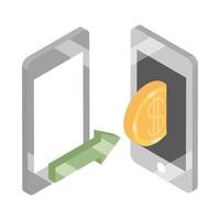 isometrica denaro contanti valuta trasferimento smartphone isolato su sfondo bianco icona piatta vettore