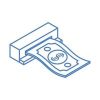 isometrica denaro contanti valuta banconota banconota isolato su sfondo bianco lineare icona blu vettore