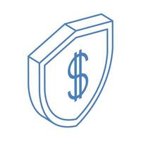 denaro isometrico denaro contante risparmio protezione investimento isolato su sfondo bianco lineare icona blu vettore