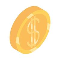 denaro isometrica moneta d'oro valuta contanti isolato su sfondo bianco icona piatta vettore