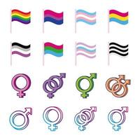 fascio di simboli di genere di orientamento sessuale e bandiere icone multi stile vettore