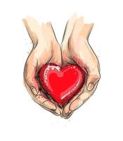 mani femminili che danno cuore rosso da una spruzzata di acquerello schizzo disegnato a mano illustrazione vettoriale di vernici