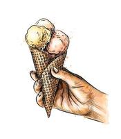 mano femminile che tiene il gelato nel cono di cialda da una spruzzata di acquerello schizzo disegnato a mano illustrazione vettoriale di vernici