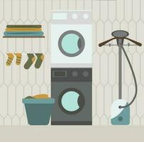 lavanderia camera. vettore illustrazione nel piatto stile. lavaggio macchina e cestino con Abiti.