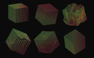 impostato pendenza neon cubo forma adesivi con diverso lineare modulo ispirato di brutalismo, cyberpunk collezione strano wireframe vettore 3d geometrico forme, distorsione e trasformazione di figura