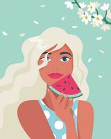 estate volta, vacanza, mare. ritratto di un' donna con un' pezzo di anguria e un' fioritura ramo. vettore illustrazione nel un' minimalista stile per manifesti, copertine, volantini, banner