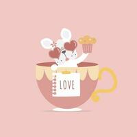 carino e bello cane Tenere Cupcake nel rosa tazza, contento san valentino giorno, compleanno, amore concetto, piatto vettore illustrazione cartone animato personaggio costume design