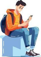 mano disegnato ragazzo seduta su mobile Telefono nel piatto stile vettore