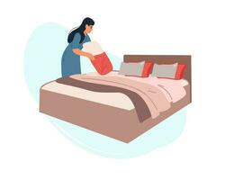 un' donna è ambientazione su un' letto con un' cuscino. vettore