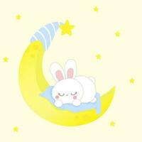 addormentato coniglio coniglietto cartone animato carattere. adorabile bianca coniglio addormentato su il mezzaluna Luna con stella sfondo. di andare a dormire storia. vettore