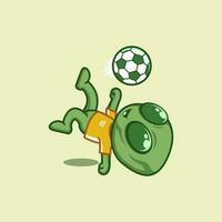 carino cartone animato alieno giocando calcio vettore
