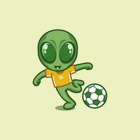 carino cartone animato alieno giocando calcio vettore