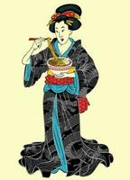 geisha godendo ramen nel tradizionale chimono vettore