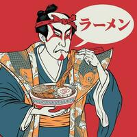 giapponese uomo mangiare ramen spaghetto manifesto giapponese testo significare ramen vettore