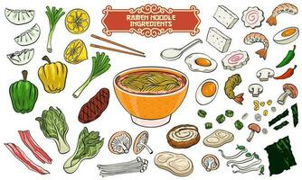 impostato di ramen ingredienti nel mano disegnato stile vettore