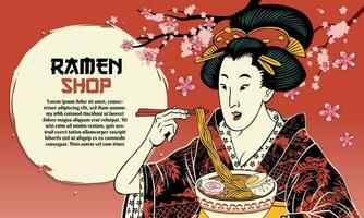 Vintage ▾ giapponese pittura di geisha mangiare il ramen spaghetto sfondo vettore