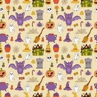 divertente Halloween senza soluzione di continuità modello. zucca, fantasma, strega cappello, pipistrello, dolci, ragno, scopa. trucco o trattare concetto. vettore illustrazione nel mano disegnato stile