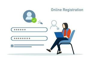 in linea registrazione concetto, registrazione utente interfaccia. donna creare nuovo account con sicuro accesso e parola d'ordine. utenti Registrati in linea. Accedere, Registrati. vettore illustrazione nel piatto forma per app, ui