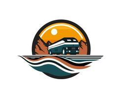 autobus logo con montagne e sole, mezzi di trasporto agenzia logo, vettore eps file