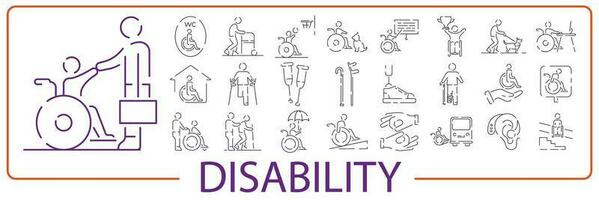 Disabilitato persone icone impostare. lineare o linea stile icone. vettore illustrazione sociale problema.