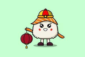 carino cartone animato Sushi Cinese Tenere lanterna vettore