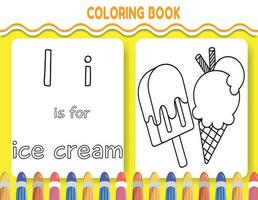 bambini alfabeto colorazione libro pagina con delineato clipart per colore. il lettera io è per ghiaccio crema. vettore