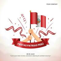 feste patrias Perù o nazionale vacanza Perù con mani Tenere un' bandiera e coriandoli vettore