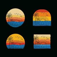 retrò tramonto spiaggia maglietta design pronto modello grafica vettore illustrazione, anni 90 afflitto Vintage ▾, estate vacanza con palma alberi distintivi, 70s vecchio colorato stile, Alba luce del sole onda tela