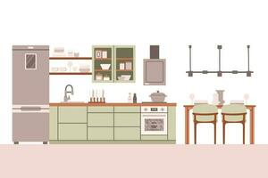 cucina con arredamento. accogliente cucina interno con tavolo, fornello, credenza, piatti e frigo. piatto stile vettore illustrazione.