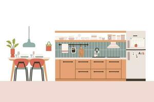 cucina con arredamento. accogliente cucina interno con tavolo, fornello, credenza, piatti e frigo. piatto stile vettore illustrazione.