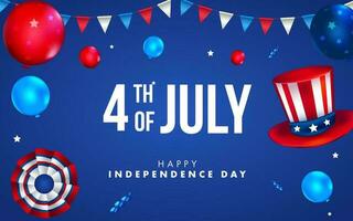 contento indipendenza giorno bandiera con palloncini, cappello e carta bandiere. 4 ° di luglio vettore