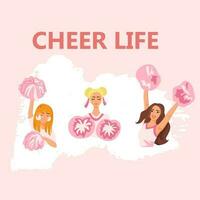 rallegrare vita . cheerleader ragazze con rosa pompon danza per supporto calcio squadra durante concorrenza. vettore illustrazione su strutturato sfondo.