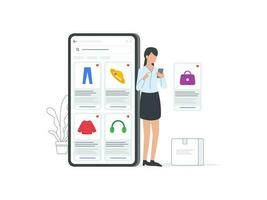 piatto vettore illustrazioni di donne utilizzando smartphone per creare desiderio elenchi su e-commerce piattaforme. Perfetto per in mostra shopping desideri e preferenze.