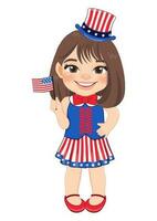 americano ragazza ritratto festeggiare 4 ° di luglio indipendenza giorno con costume, Tenere bandiere, piatto icona stile vettore