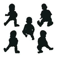 Immagine di un' nero silhouette di un' bambino su per un' anno. il bambino seduta, a passeggio, danza vettore