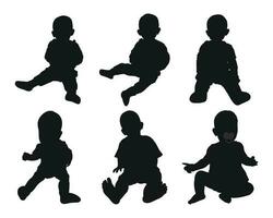 Immagine di un' nero silhouette di un' bambino su per un' anno. il bambino seduta, a passeggio, danza vettore