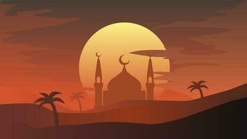 islamico paesaggio vettore illustrazione. moschea paesaggio con montagna collina e brillante cielo. sfondo paesaggio per Islam religione e musulmano fede. sfondo di design montagna con moschea silhouette