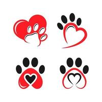 impronta di zampa d'amore con simbolo del cuore, impronta di zampa di cane o gatto clinica veterinaria o segno di cura degli animali vettore