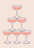 cocktail bicchieri piramide. scintillante vino, cocktail Torre cartolina per ragnatela e Stampa. festa invito con bicchiere Torre linea arte vettore illustrazione.